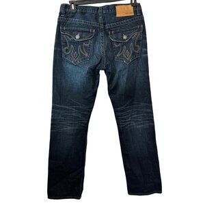 MEK Denim Tucker Straight Mens Jeans 33x34 Dark Wash Distressed Stitch Detail